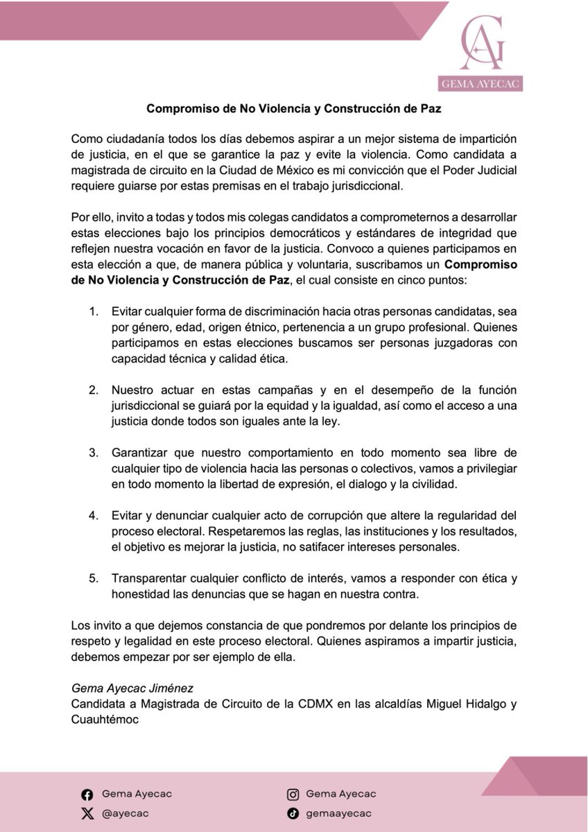 La No Violencia y la Construcción de Paz es un compromiso esencial para quienes participamos en estas elecciones judiciales. Convoco a mis colegas candidatos y candidatas a suscribir este compromiso en favor de la justicia e igualdad.

Pueden firmar acá: forms.gle/JGbLsWSTtQaPJy…