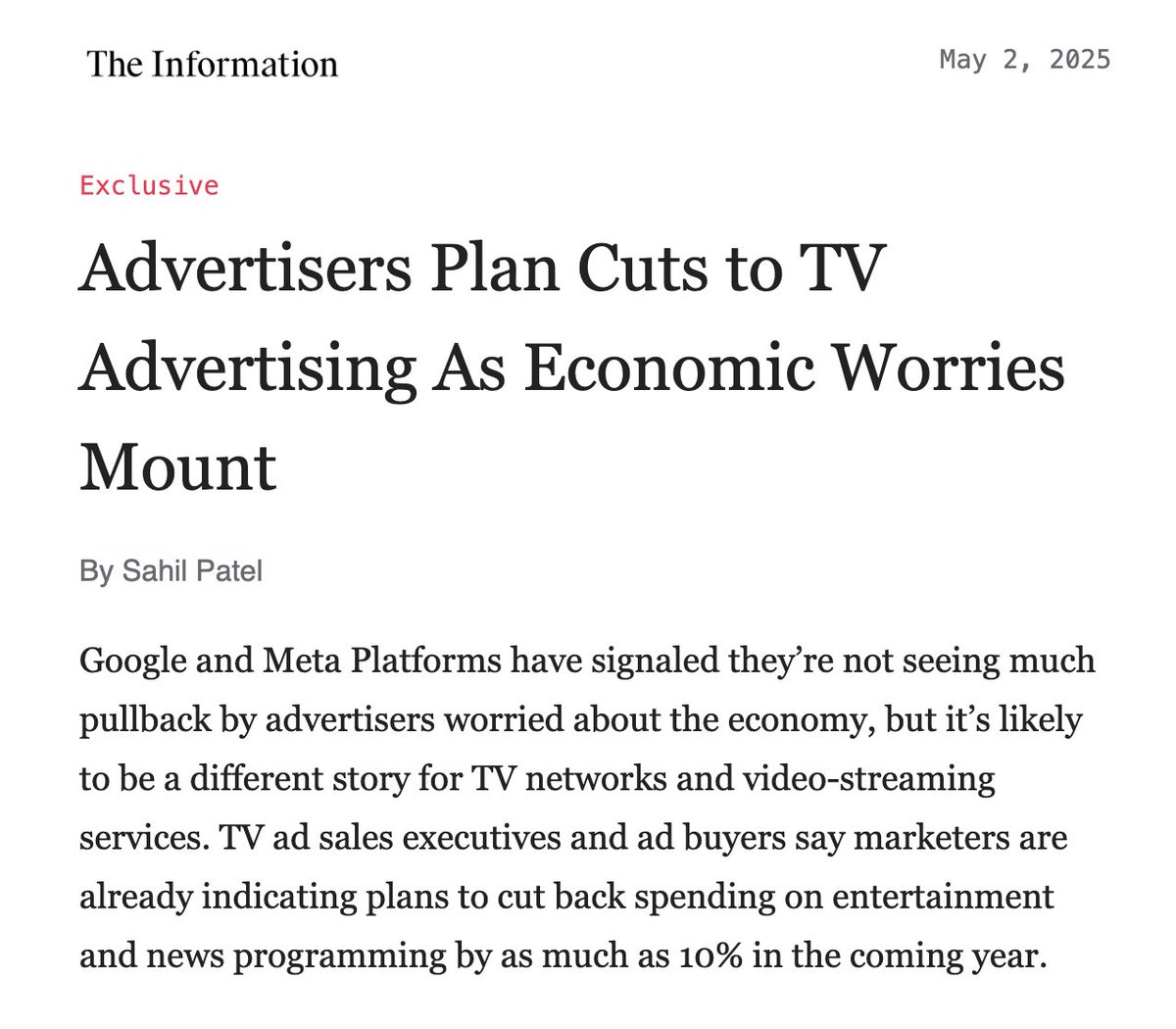 Businesses are dropping ad spend fast. April <a href="/tryramp/">Ramp</a> spend data showed 54% froze or cut budgets with retail leading at 61%. A similar pullback is reflected in TV ads, as w/ Meta and Google too (conflicting w/ reporting to date). The trend is clear: folks are bracing for impact