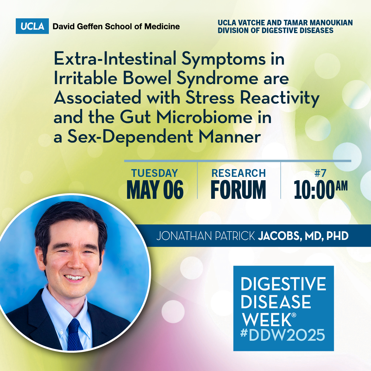 UCLA Gastroenterology and Hepatology (@uclagihep) on Twitter photo Extra-Intestinal Symptoms in #IBS are Associated with Stress Reactivity and the Gut #Microbiome in a Sex-Dependent Manner
🙌<a href="/JacobsLabUCLA/">Jacobs Lab</a>
👤Sr: <a href="/LinChangMD/">Lin Chang</a>
👥<a href="/LabusJS/">Jen Labus PhD</a> <a href="/TienDongMD/">Tien Dong MD, PhD</a> <a href="/AndreaShin_GI/">Andrea Shin</a> <a href="/ArpanaChurch/">Arpana Church</a> <a href="/SwapnaJoshi_PhD/">Swapna Mahurkar-Joshi, PhD</a> <a href="/pipethero/">Elaine Hsiao</a> <a href="/EmeranMayerMD/">Emeran Mayer, MD</a>
⏰May 6, 10am, 7, #DDW2025 Extra-Intestinal Symptoms in #IBS are Associated with Stress Reactivity and the Gut #Microbiome in a Sex-Dependent Manner
🙌<a href="/JacobsLabUCLA/">Jacobs Lab</a>
👤Sr: <a href="/LinChangMD/">Lin Chang</a>
👥<a href="/LabusJS/">Jen Labus PhD</a> <a href="/TienDongMD/">Tien Dong MD, PhD</a> <a href="/AndreaShin_GI/">Andrea Shin</a> <a href="/ArpanaChurch/">Arpana Church</a> <a href="/SwapnaJoshi_PhD/">Swapna Mahurkar-Joshi, PhD</a> <a href="/pipethero/">Elaine Hsiao</a> <a href="/EmeranMayerMD/">Emeran Mayer, MD</a>
⏰May 6, 10am, 7, #DDW2025