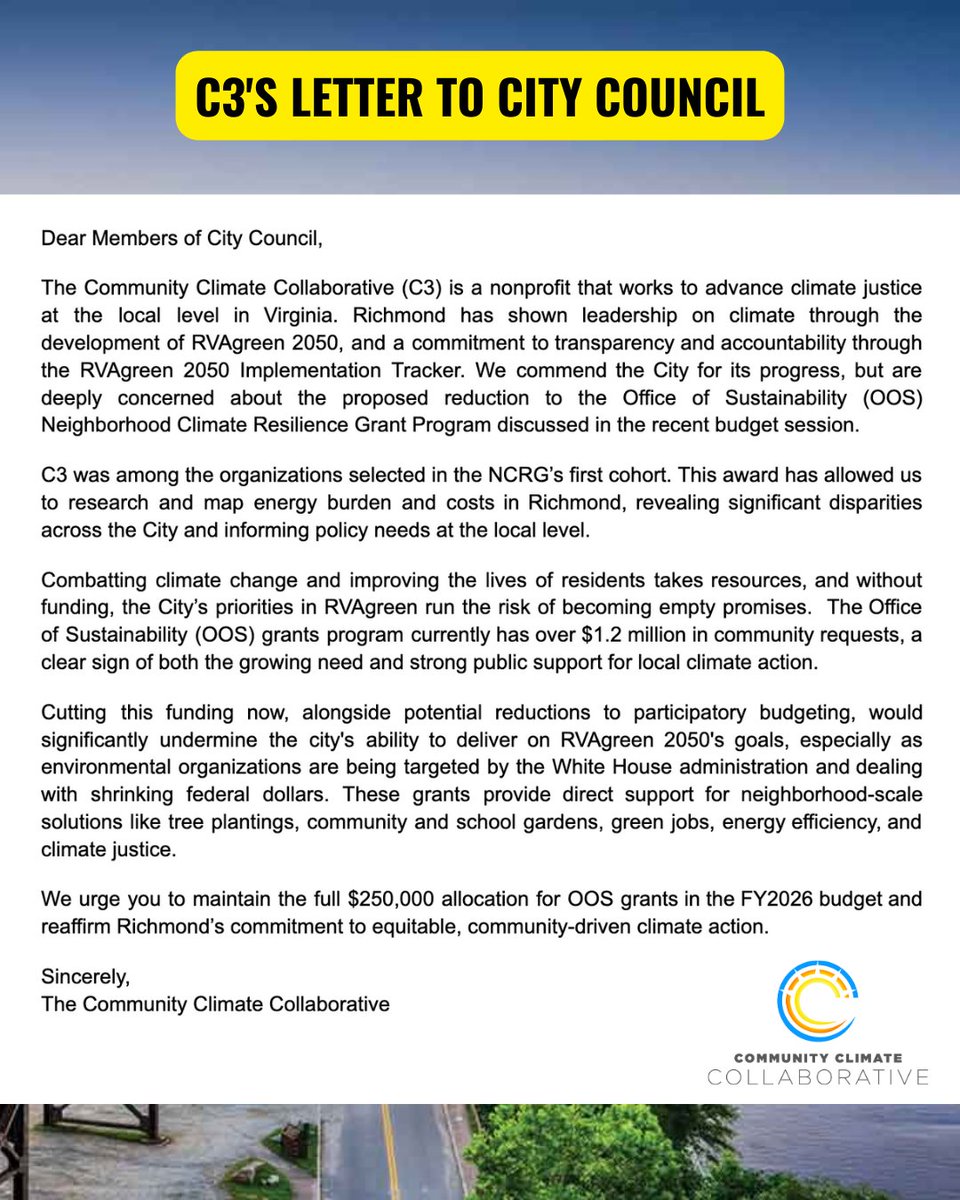 Community Climate Collaborative (@c3climate) on Twitter photo 🚨 We Need Your Help: Climate Funds At Risk 🚨
📢✍️Please join us in writing to RVA City Council, urging them to protect this funding by 5/5. Visit <a href="/SouthsideReleaf/">Southside ReLeaf</a>'s webpage for more info including a sample letter that you can use to send to the Council bit.ly/SaveNCRFfunding 🚨 We Need Your Help: Climate Funds At Risk 🚨
📢✍️Please join us in writing to RVA City Council, urging them to protect this funding by 5/5. Visit <a href="/SouthsideReleaf/">Southside ReLeaf</a>'s webpage for more info including a sample letter that you can use to send to the Council bit.ly/SaveNCRFfunding