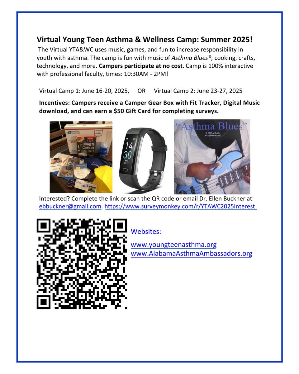 Registration is open now for our Summer 2025 Virtual Young Teen Asthma &amp; Wellness Camps:  June 16-20 and June 23-27. 

Register now! No costs, lots of incentives! 

Children, Teens, and Leader-in-Training Options!

See the flyers below for more information, and please share!