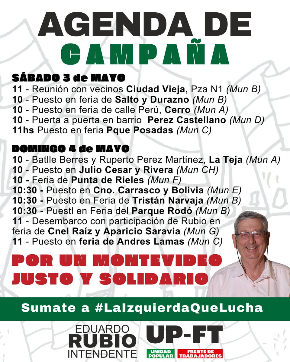 📣AGENDA DE CAMPAÑA 
¡Último fin de semana previo a las elecciones!

📌Conocé los puestos y actividades de este fin de semana y sumate a construir #LaIzquierdaQueLucha

Por un Montevideo justo y solidario