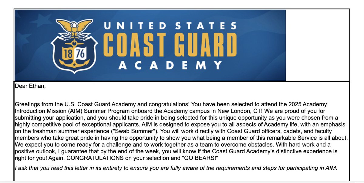 Looking forward to spending some time this summer learning more about USCGA mission in the🐻Den 
Go Bears! 
<a href="/USCGAcademy/">U.S. Coast Guard Academy</a> <a href="/ESHS_Baseball/">Elkhorn South HS Storm Baseball</a> <a href="/ElkhornSouthFB/">Elkhorn South Football</a> <a href="/WrestlingESHS/">Elkhorn South Storm Wrestling</a> 
#ALLIN⚡️