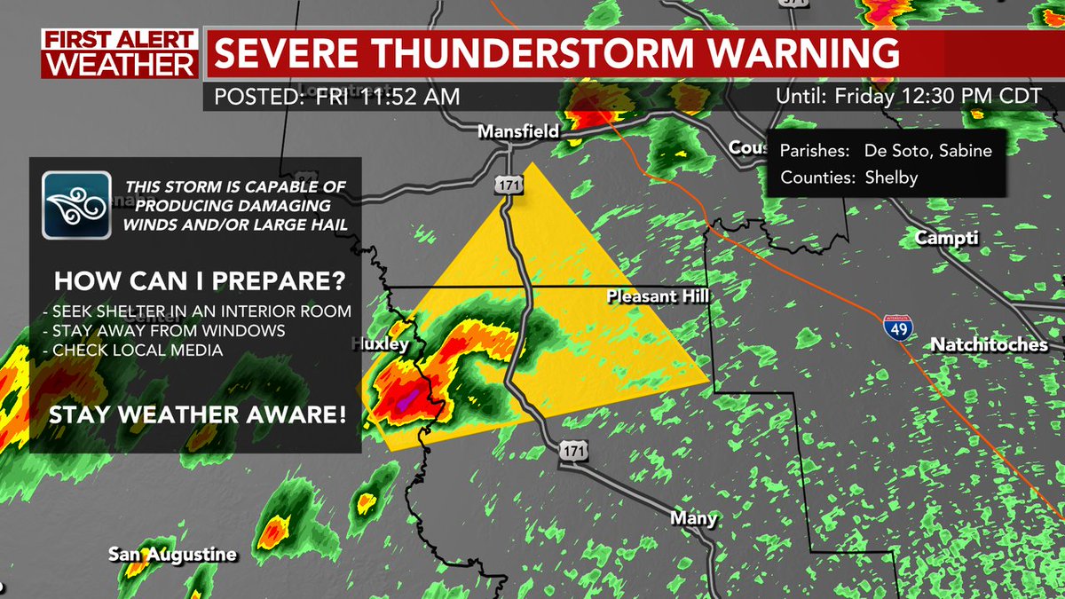 A Severe Thunderstorm Warning has been issued for the highlighted area until May 02 12:30PM CDT. View the image below for more details. Stay tuned to social media and the KALB Weather App for additional information.
