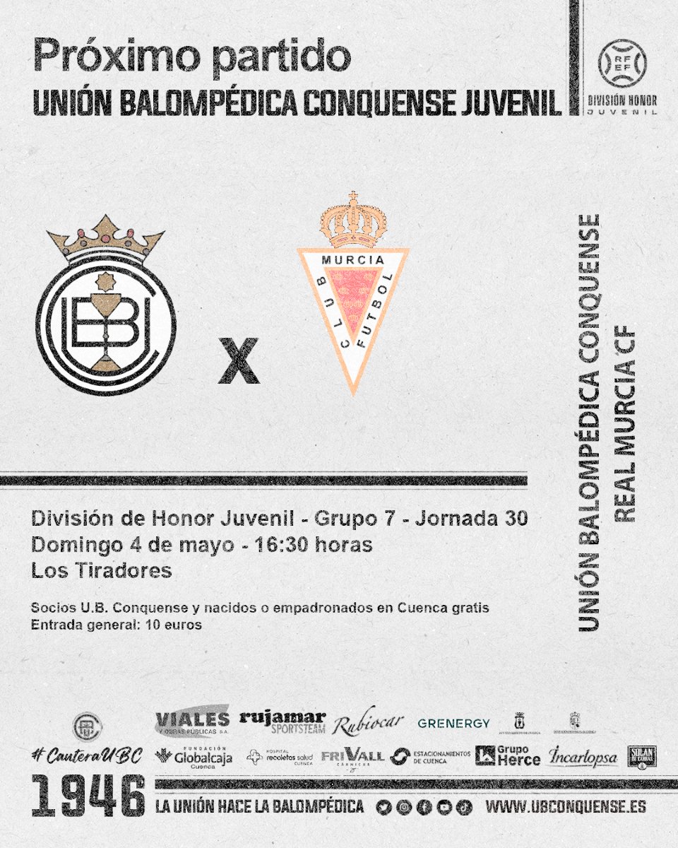 📢 #UBCJuvenilDH❗

¡EL DOMINGO TE NECESITAMOS EN LOS TIRADORES!

➡️ Socios y quien acredite con DNI o empadronamiento ser de Cuenca: GRATIS
➡️Entrada general: 10€

🏆 #divisióndehonorjuvenil - Jornada 30
🗓️ Domingo 4 de mayo
⏰ 16:30h
🏟️ Los Tiradores
🆚 Real Murcia CF