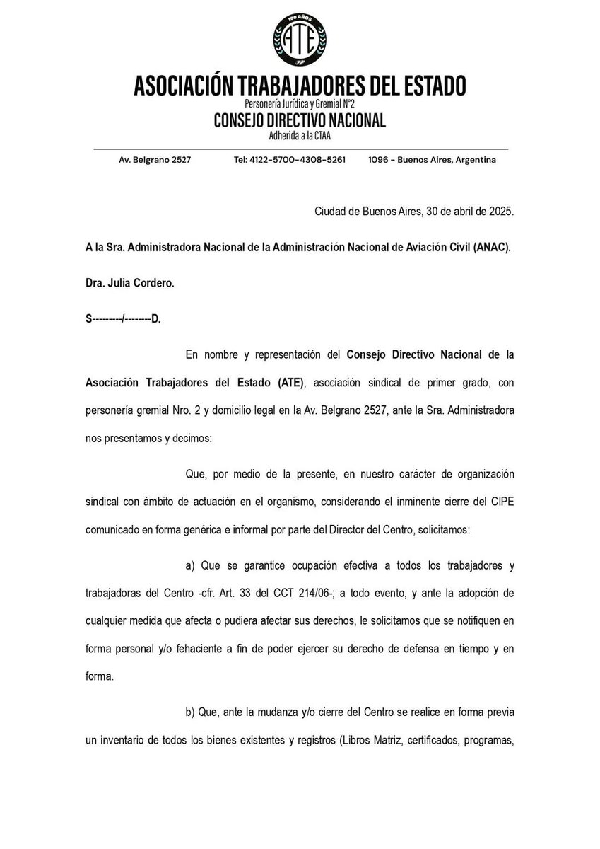 ATE_ANAC's tweet photo. #NOalCierreDelCIPE
Presentamos DICTAMEN JURÍDICO Exigimos cumplimiento de los derechos de las y los trabajadores, la defensa de cada puesto de trabajo y el sostenimiento de las puertas abiertas del CIPE.
#ATEANACinformATE #elcipenosetoca #defendamosalcipe https://t.co/zfLhdDhuhc