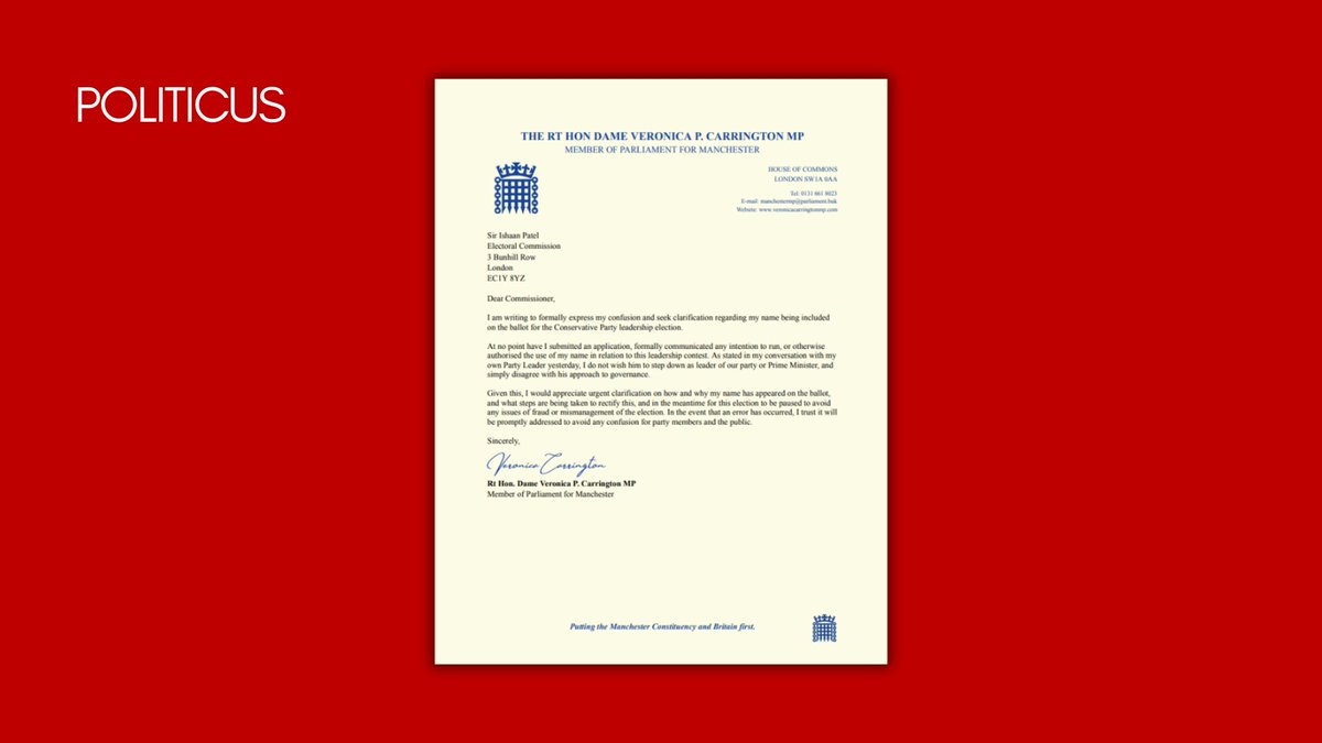 🔴 Veronica Carrington has formally requested an explanation from the Electoral Commission after her name appeared on the Conservative leadership ballot without her knowledge or consent. 

👉 She backs the PM despite some disagreements and insists she never intended to run.