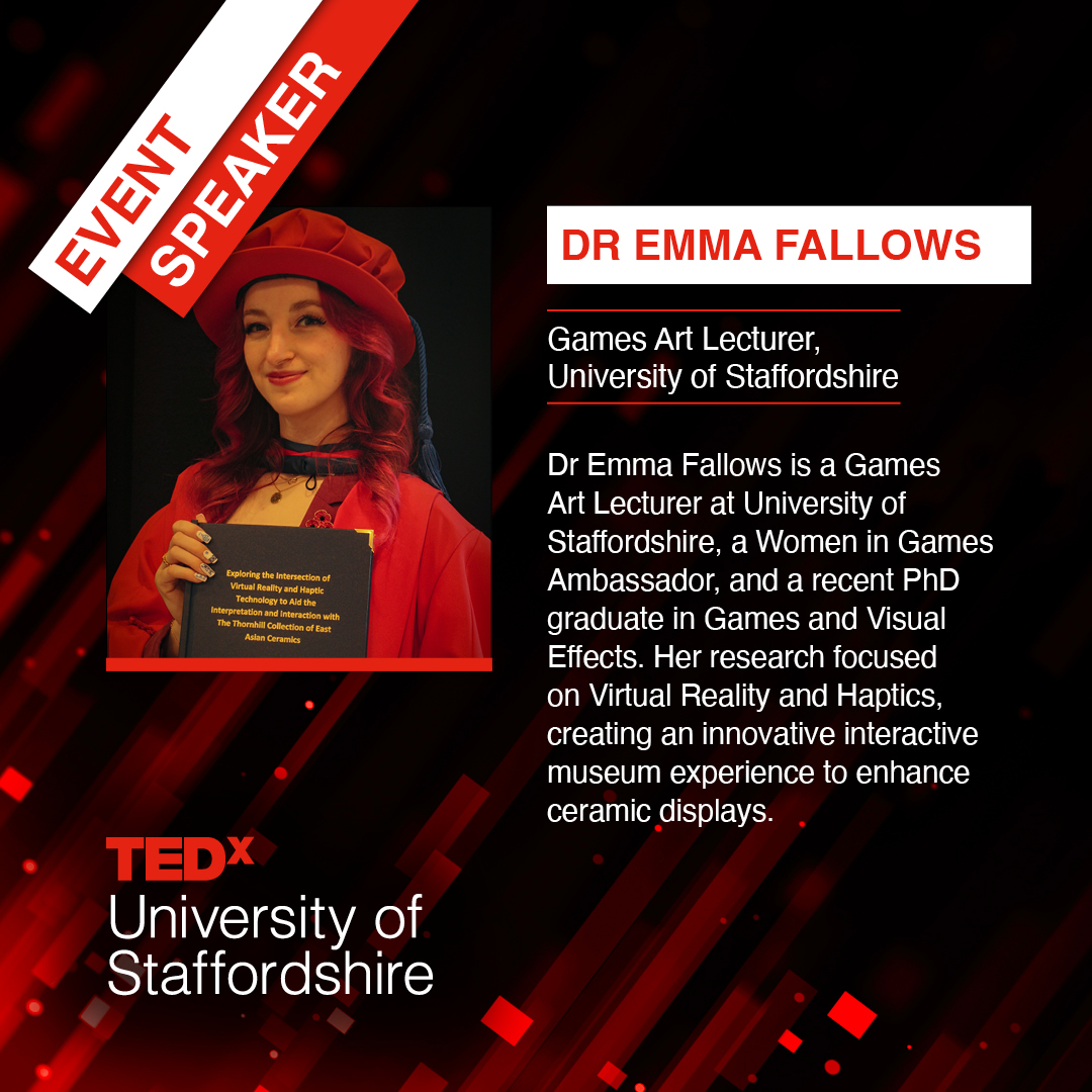 TEDx speaker announcement! Dr. Emma Fallows, Games Art Lecturer at University of Staffordshire will speak at TEDx University of Staffordshire this May. 

Games Artist. VR Researcher. Women in Games Ambassador.

Tickets coming soon. See the full line-up: bit.ly/4j4bO0i