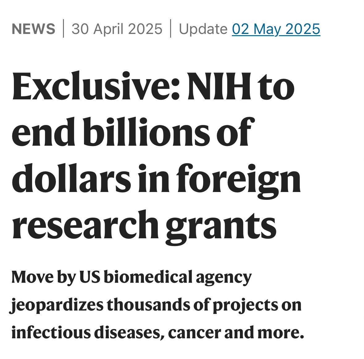 Matt Clancy (@mattsclancy) on Twitter photo In light of the news that NIH is cutting support for lots of research abroad, posting <a href="/fry_cv/">Caroline Viola Fry</a> and I’s recent piece arguing this kind of work has huge ROI, benefits the US, and is a small share of our R&D spend. In light of the news that NIH is cutting support for lots of research abroad, posting <a href="/fry_cv/">Caroline Viola Fry</a> and I’s recent piece arguing this kind of work has huge ROI, benefits the US, and is a small share of our R&D spend.