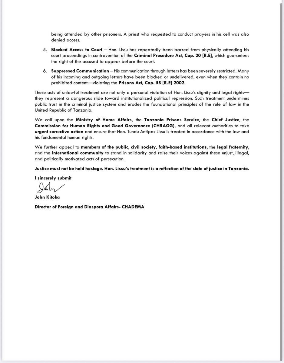 Chadema Diaspora (@chademadiaspora) on Twitter photo Press Release: Tundu Lissu's Unfair Treatment While He Remains a Remandee
<a href="/kiagata/">John Kitoka</a> <a href="/TunduALissu/">Tundu Antiphas Lissu</a> Press Release: Tundu Lissu's Unfair Treatment While He Remains a Remandee
<a href="/kiagata/">John Kitoka</a> <a href="/TunduALissu/">Tundu Antiphas Lissu</a>