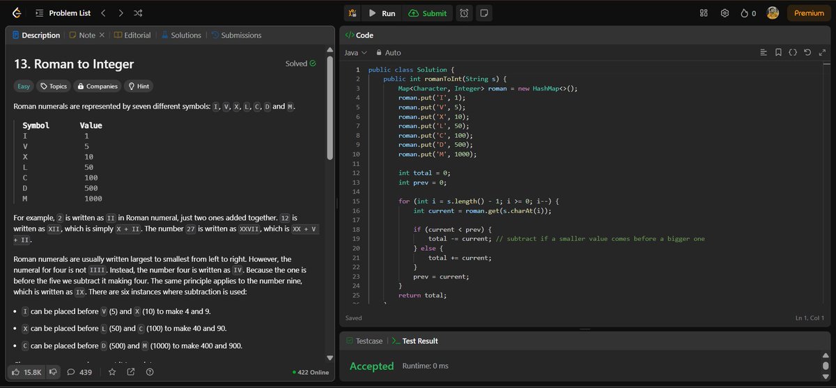 CipherArnav's tweet image. DAY-122 &quot; Roman to Integer &quot;