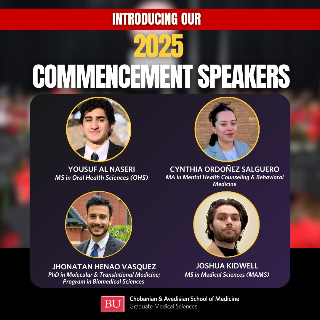 We are counting down to Spring 2025 Commencement, where the Graduate Medical Sciences community will come together and celebrate this year’s graduating students. We are excited to introduce you to the speakers at this year’s GMS Convocation!

Read more: bumc.bu.edu/gms/2025/04/23…