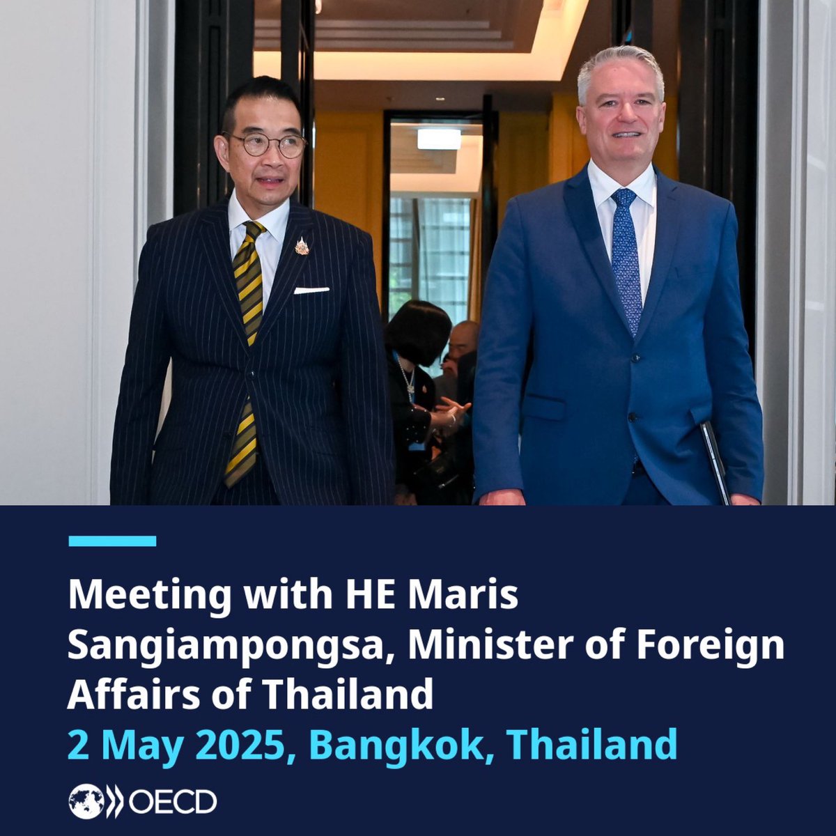 Mathias Cormann (@mathiascormann) on Twitter photo Thailand's <a href="/OECD/">OECD ➡️ Better Policies for Better Lives</a> accession process reflects the strength of our partnership with Southeast Asia.
Very good meeting with 🇹🇭 Foreign Minister <a href="/AmbPoohMaris/">Maris Sangiampongsa</a> today to discuss progress, next steps and opportunities to further deepen our cooperation across Southeast Asia.
#OECDSEA Thailand's <a href="/OECD/">OECD ➡️ Better Policies for Better Lives</a> accession process reflects the strength of our partnership with Southeast Asia.
Very good meeting with 🇹🇭 Foreign Minister <a href="/AmbPoohMaris/">Maris Sangiampongsa</a> today to discuss progress, next steps and opportunities to further deepen our cooperation across Southeast Asia.
#OECDSEA