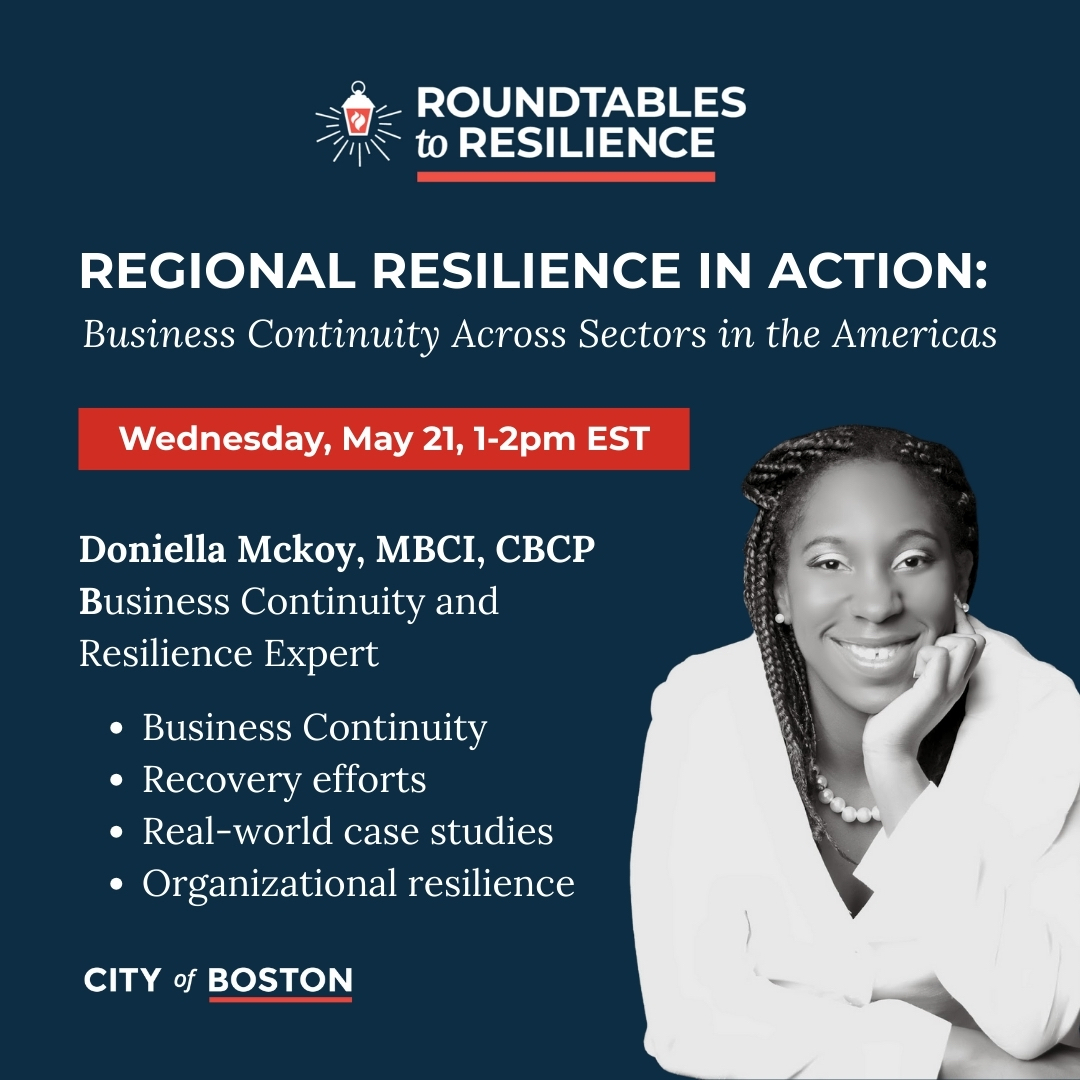 Join us 5/21, 1-2 PM for Regional Resilience in Action: Business Continuity Across Sectors in the Americas. Doniella Mckoy, will discuss how emergency managers can enhance organizational resilience by integrating business continuity principles. 
Register: ow.ly/tPuG50VM7QF