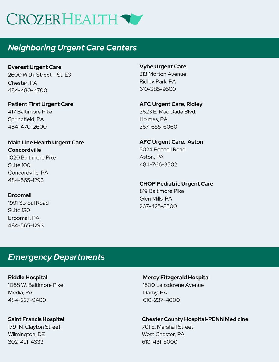 The emergency departments at Crozer-Chester Medical Center and Taylor Hospital have closed. In an emergency, call 911 or visit the closest emergency department or urgent care center.