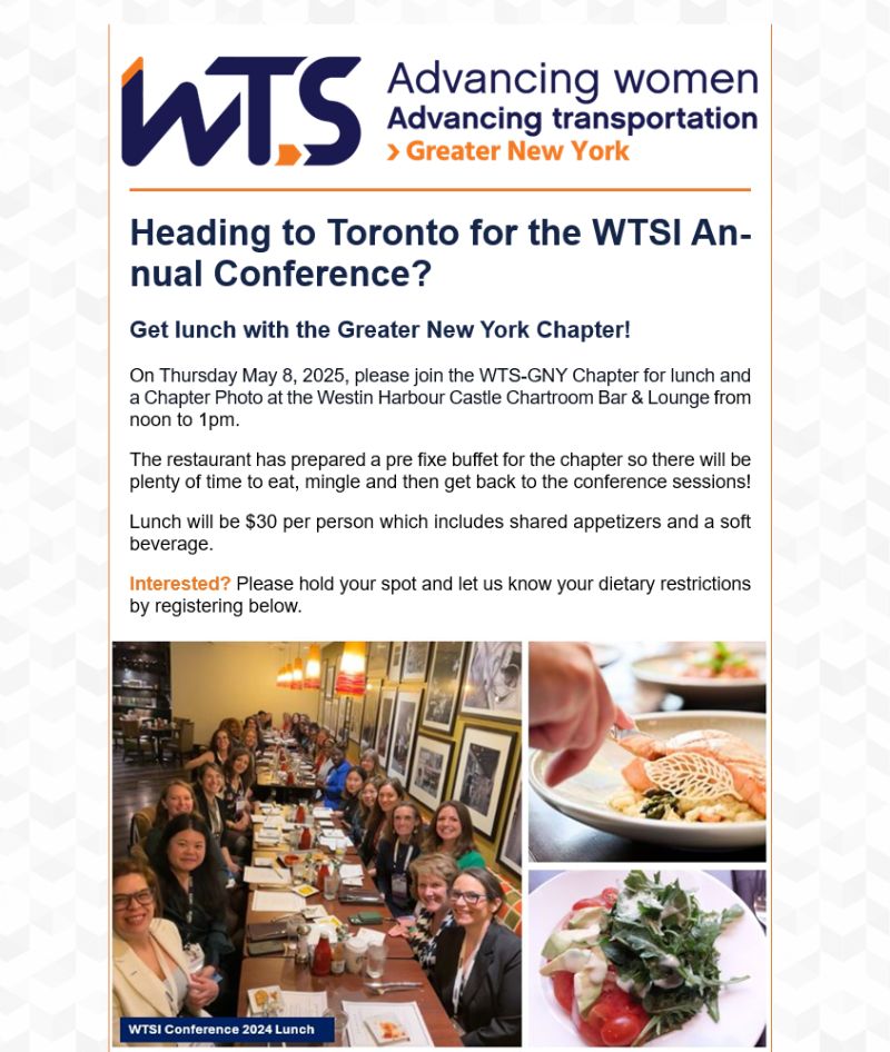 Heading to hashtag#Toronto for the WTS International Annual Conference? 
Join the WTS Greater New York Chapter for lunch! 
Thursday, May 8, 2025, 12:00–1:00 PM
Westin Harbour Castle – Chartroom Bar &amp; Lounge
Reserve your spot:
lnkd.in/eE6aiB5v