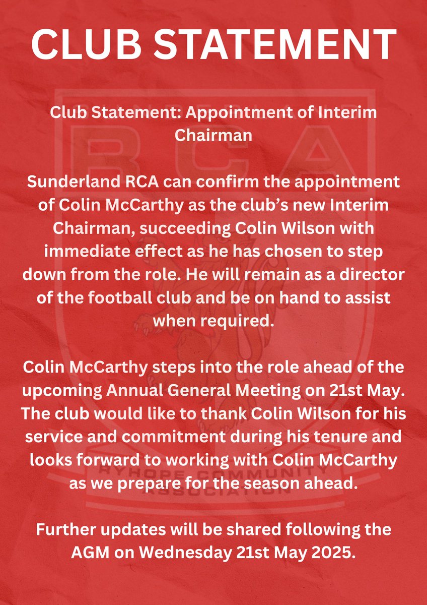 Club Statement | New Chairman

The club would like to make the following statement on the position of chairman at the football club.

#RCA