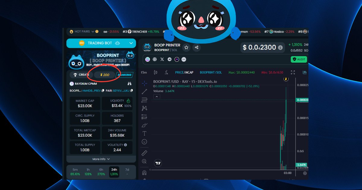 BOOP_PRINT's tweet image. 200 NITRO is now LIVE on DexTools!
The BOOP printer just got a whole lot louder (๑&amp;gt;؂•̀๑)

More views. More eyes. More BOOP vibes 🖨️
We’re not just trending — we’re sprinting 🚀 ᓚ₍⑅^..^₎♡