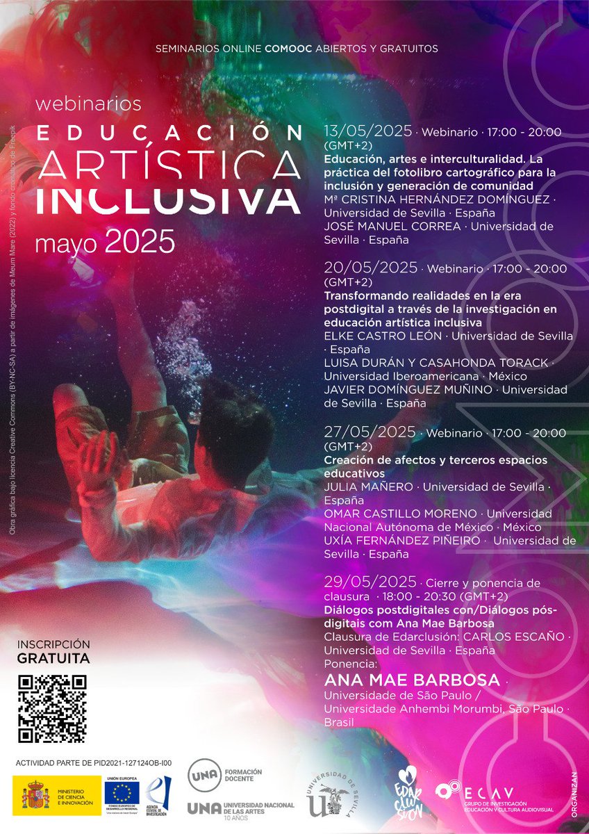 Continuamos con los webinarios del mes de mayo desde  #EDARCLUSION: una propuesta integral de formación educativa artística para la formación en #inclusión educativa, la innovación y la transformación social.
+Info aquí: acortar.link/RRGqRg
#EducaciónArtística #Postdigital