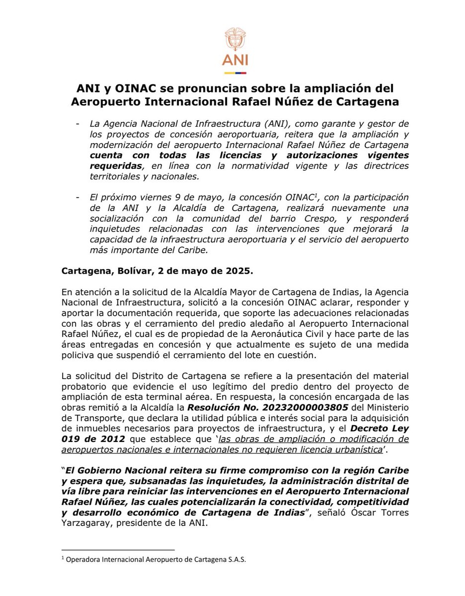 ANI_Colombia's tweet photo. #BuenasNoticias🤩La #ANI y #OINAC se pronuncian sobre la ampliación del @aeroCTG✈️: https://t.co/LY2v7sb3zM