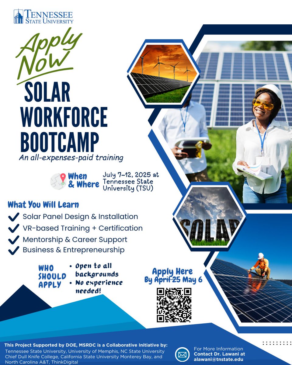 The deadline for the upcoming DARE³ Solar Workforce Bootcamp at TSU this summer has been extended! Learn solar energy! No experience needed. This all-expenses-paid bootcamp includes workshops, VR training, certification, and career support. Apply now: tinyurl.com/5x3mbzuf