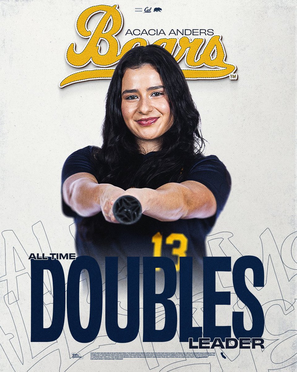 Cal Softball (@calsb) on Twitter photo THE QUEEN OF DOUBLES 👑
<a href="/AndersAcacia/">acacia anders</a> sits alone in the record book as the all-time leader in program history with 51 career doubles after breaking Lindsay Rood's record of 50 doubles (2016-19).
#GoBears THE QUEEN OF DOUBLES 👑
<a href="/AndersAcacia/">acacia anders</a> sits alone in the record book as the all-time leader in program history with 51 career doubles after breaking Lindsay Rood's record of 50 doubles (2016-19).
#GoBears