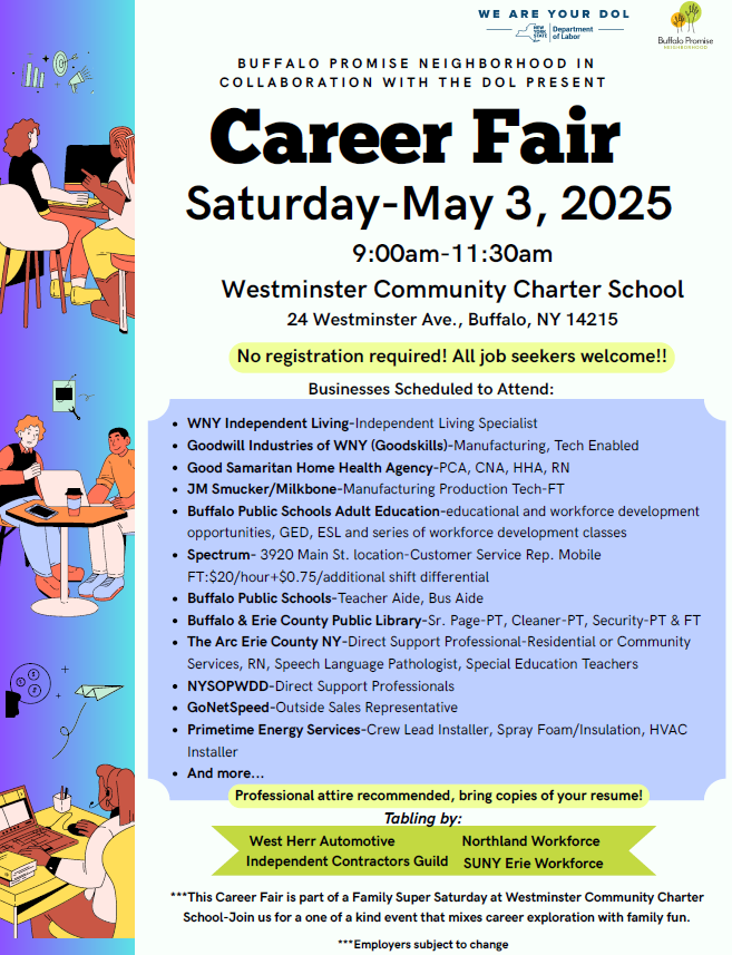 Join us tomorrow for the Career Fair Carnival hosted by Buffalo Promise Neighborhood in collaboration with the Department of Labor!

Date: Saturday, May 3, 2025
Time: 9:00 AM - 11:30 AM
Location: Westminster Community Charter School, 24 Westminster Ave., Buffalo, NY 14215