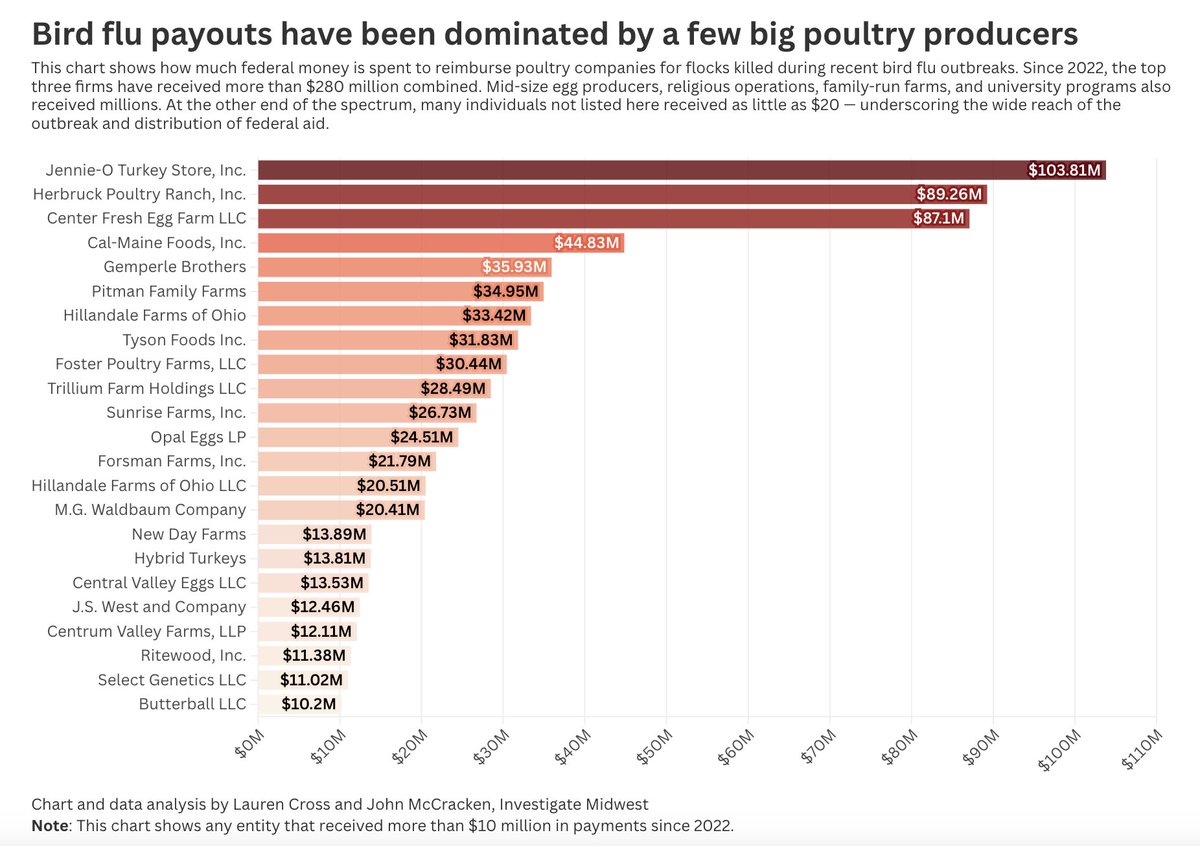 #BirdFlu federal aid payouts have so far been dominated by a few big #poultry producers. Since 2022, the top three firms have received more than $280 million combined.

investigatemidwest.org/2025/04/30/und…