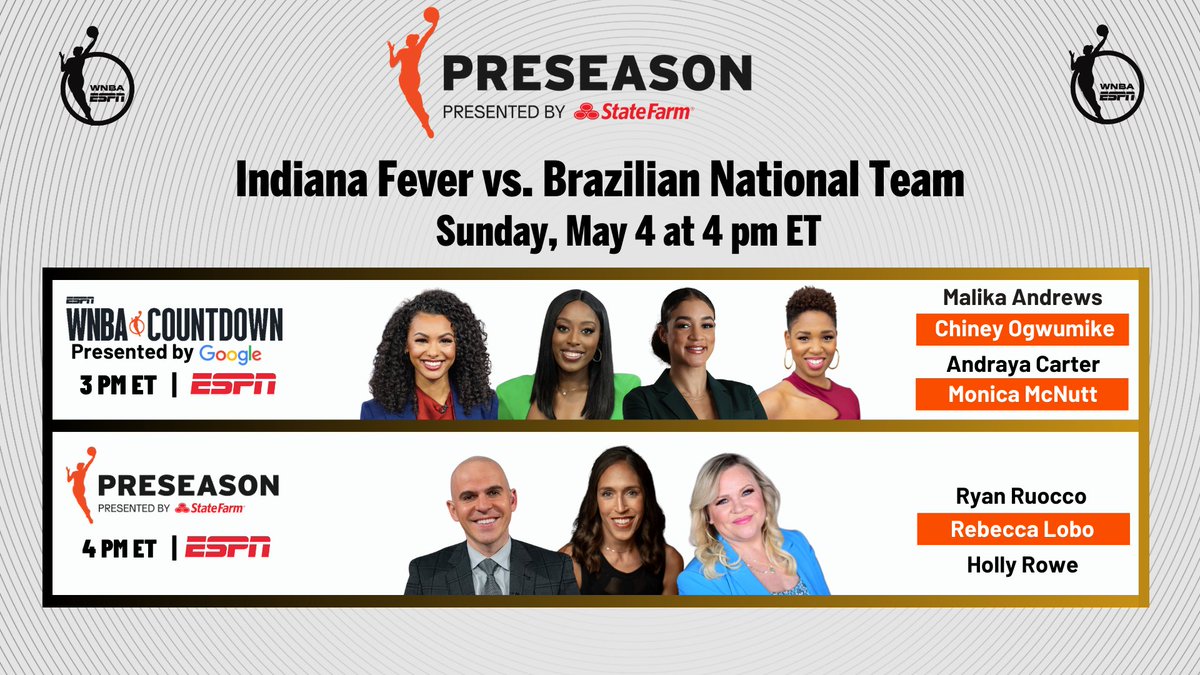 ESPNPR's tweet photo. Sunday, ESPN will air the Indiana Fever's preseason #WNBA matchup against the Brazilian National Team

Featuring Caitlin Clark's return to @uiowa 

🏀 3p ET | WNBA Countdown
🏀 4p ET | @IndianaFever vs @basquetebrasil https://t.co/bnC3rAu6E1