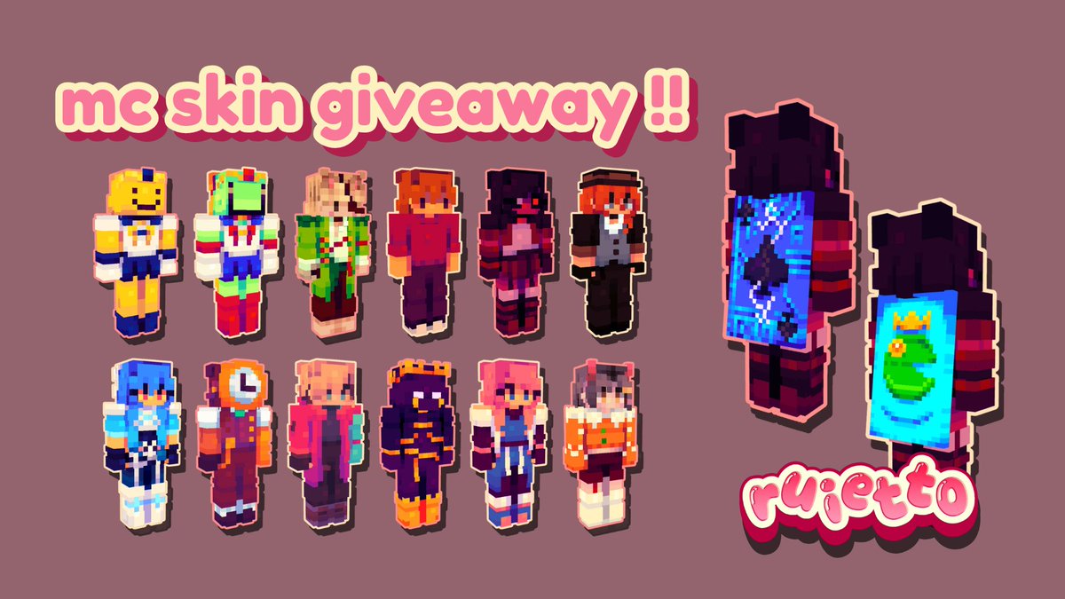 ruietto's tweet photo. finally hosting a giveaway for reaching 500 follows + 69 c♡mms !! 🎉

🎁 TWO winners will receive a custom skin + cape (needs mod)

🎟️ how to enter: 
- like &amp; rt this post (no qrts !!) 
- reply w/ your reference OR your fav emoji

ends may 10
1/2 🧵 https://t.co/8pgf51PAvk