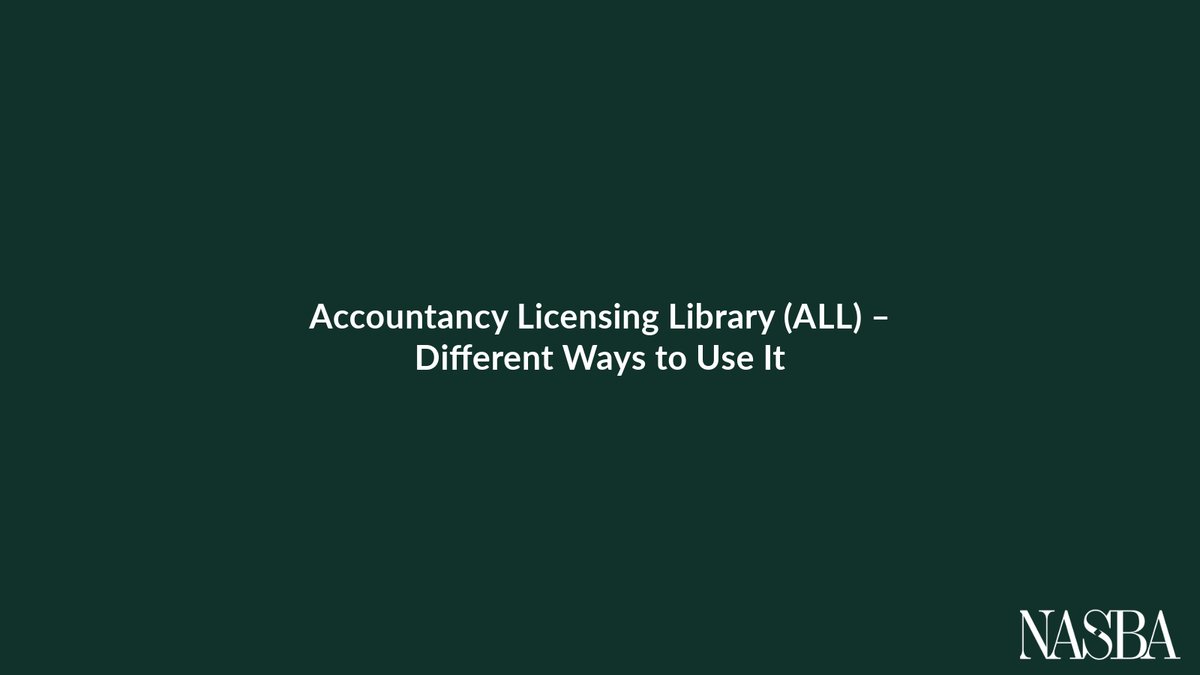 NASBA created the Accountancy Licensing Library (ALL) as a central database of CPA and firm licensing requirements and application forms for the 55 U.S. jurisdictions. Rather than visiting each state board website, the ALL serves as a one-stop shop to address all licensing needs.