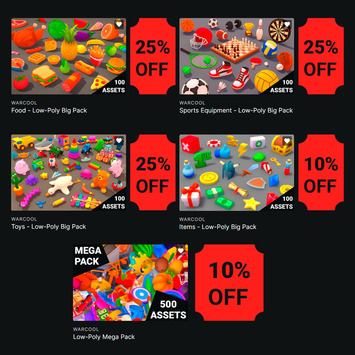 SALE!

Unity Asset Store -&gt; assetstore.unity.com/publishers/9672

FAB -&gt; fab.com/sellers/Warcool

#assets for your #games #gamedev #gameasset #unity #indiedeveloper #mobilegames #madewithunity #indiedev