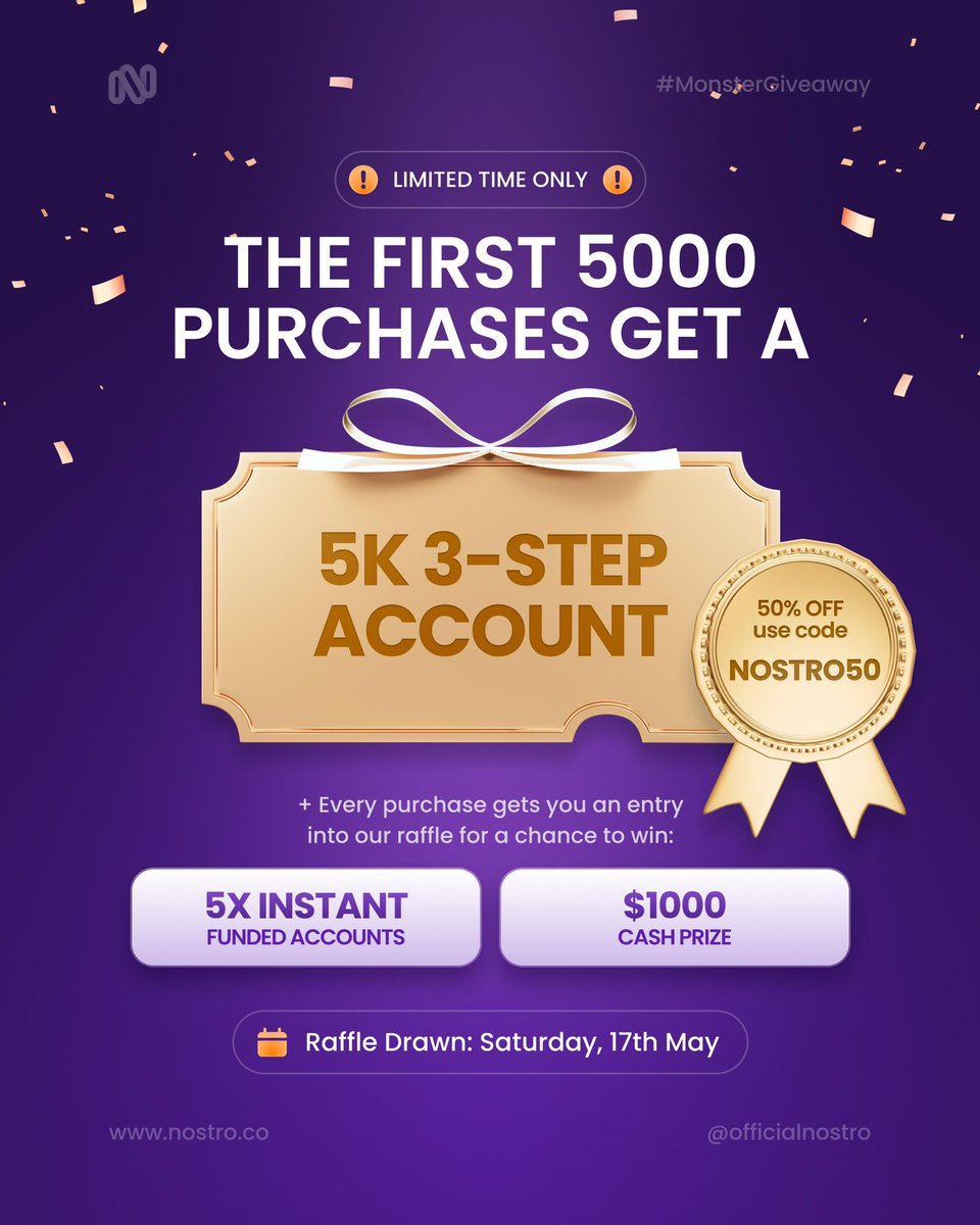 🎉 Our Biggest Giveaway Ever Is Here! 🎉

✅ 50% Off
✅ Free Account with Every Purchase
✅ Chance to Get Instantly Funded
✅ $1,000 Cash Prize Up for Grabs

Yes, you read that right.

The first 5000 purchases come with a FREE $5K 3-Step Challenge Account — and automatically