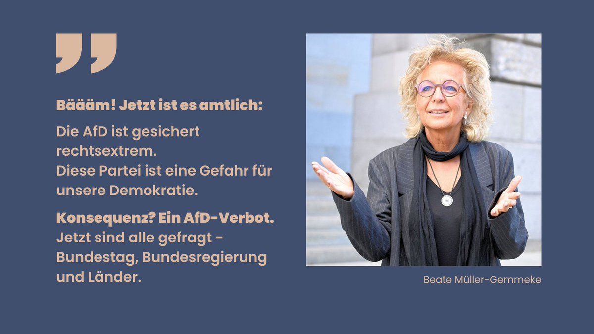 Die AfD ist gesichert rechtsextrem. Das ist kein Warnsignal mehr – das ist Alarmstufe Rot für unsere Demokratie. Ein AfD-Verbot-Verfahren ist jetzt die notwendige Konsequenz. Demokratie schützt sich nicht von selbst – wir müssen sie aktiv verteidigen. #AfDVerbotJetzt