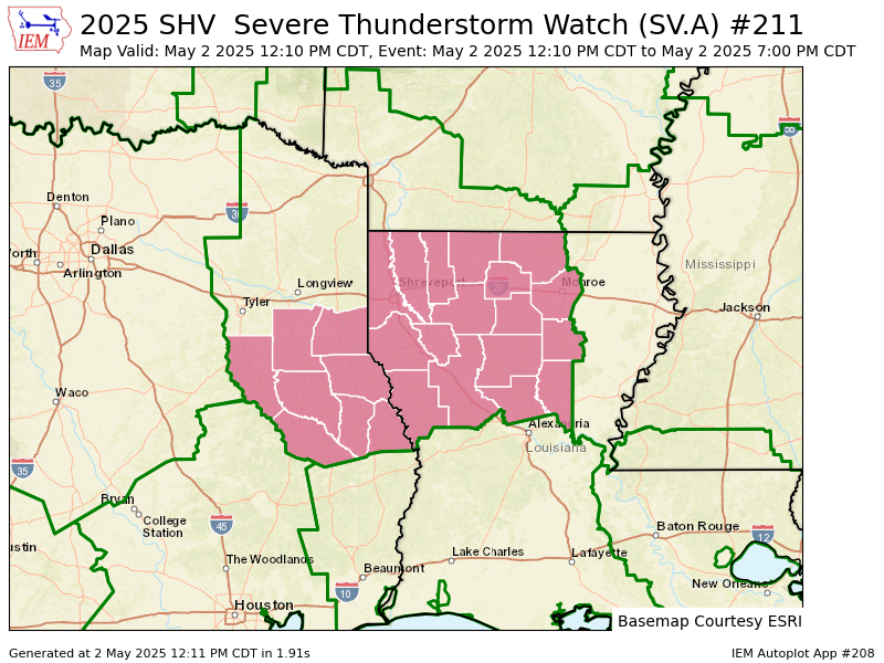 SHV issues Severe Thunderstorm Watch till May 2, 7:00 PM CDT mesonet.agron.iastate.edu/vtec/f/2025-O-…