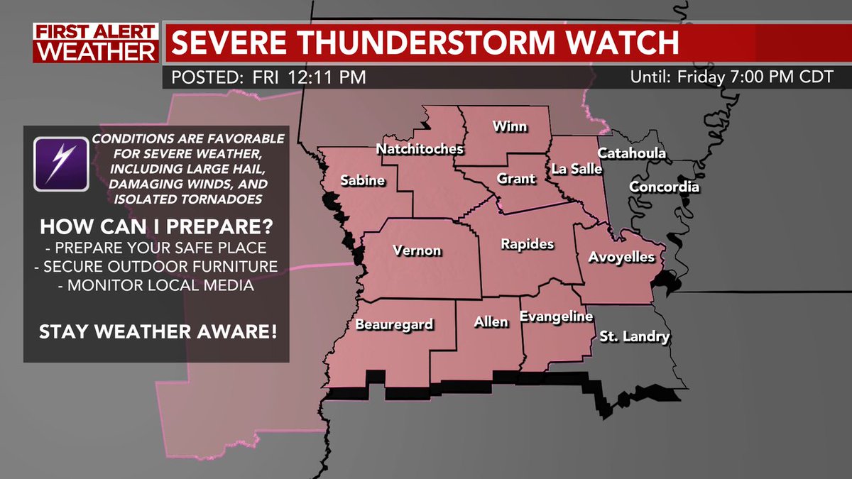A SEVERE THUNDERSTORM WATCH has been issued for the parishes shaded in pink until 5/02 7:00PM CDT. View the image below for more details. Stay tuned to social media and the KALB Weather App for additional information. #lawx