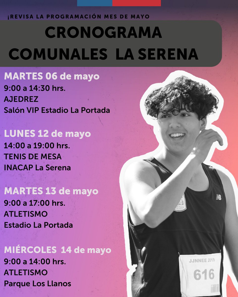 Juegos Deportivos Escolares comienzan sus competencias en La Serena.
🏓♟🏃‍♀️🏃🏆🥇🥈🥉
Revisa la programación para el mes de mayo de la etapa comunal.

¡¡Participa y apoya a tu colegio!!