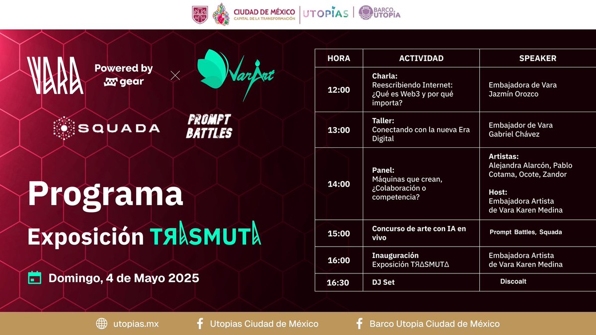 🎨 ¡Este Domingo 4 de mayo, la Exposición TRASMUTA por <a href="/VarArt_Global/">VarArt</a> estará en el 📍Museo Barco Utopía de Iztapalapa CDMX!

Arte inmersivo, +20 artistas, charlas, juegos y toda una experiencia digital. ¡No te lo pierdas! ✨️

Invitados especiales: <a href="/squada_io/">Squada</a>