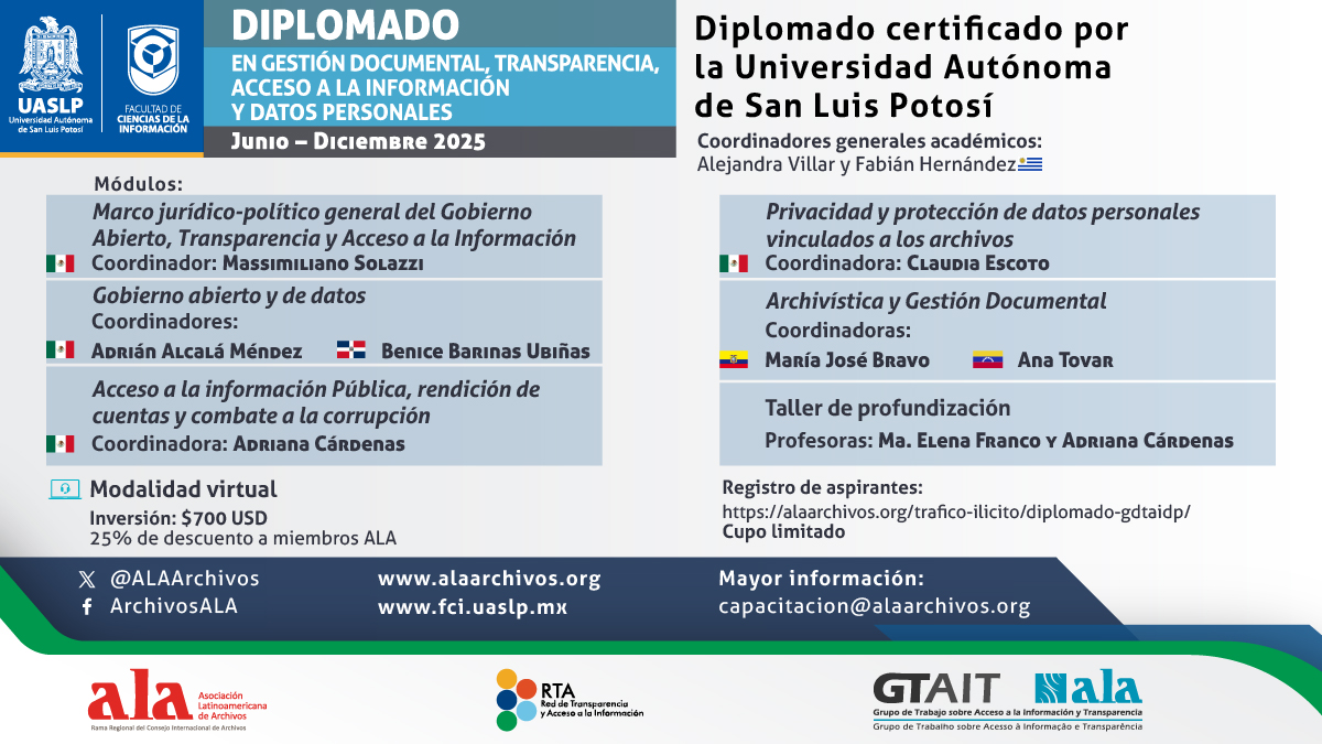 #Entérate 📣¡Tenemos una nueva diplomatura en la ALA! "Diplomado en Gestión Documental, Transparencia, Acceso a la Información y Datos Personales"  Pre inscripción y mayor información aquí: alaarchivos.org/diplomados/dip…