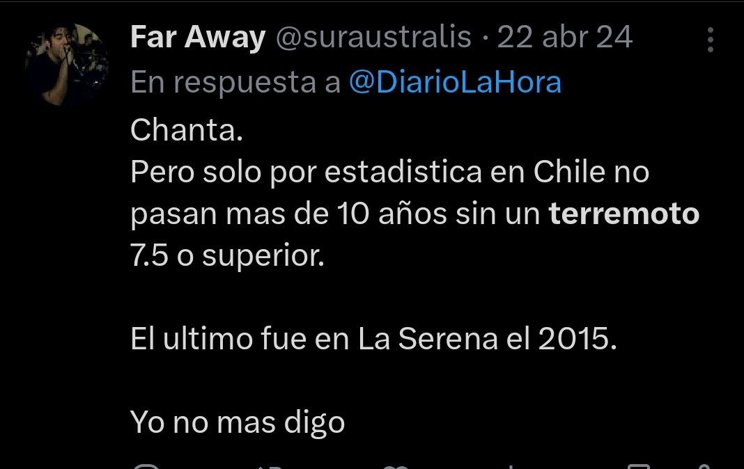 En Chile no pasan mas de 10 años sin un terremoto 7.5 o superior. El ultimo el 2015.
Ya nos tocaba. Lo dije el 2024
#falabella
#PuertoWilliams
#Magallanes
#terremoto
#Tsunami
