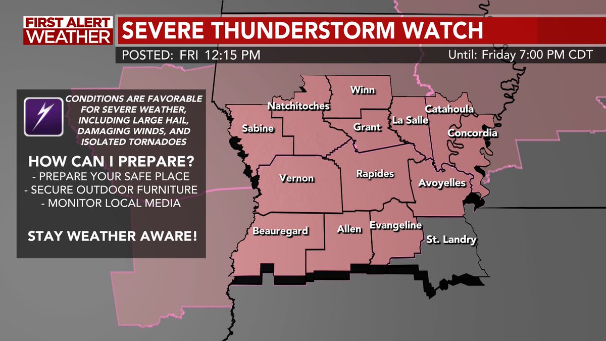 A SEVERE THUNDERSTORM WATCH has been issued for the parishes shaded in pink until 5/02 7:00PM CDT. View the image below for more details. Stay tuned to social media and the KALB Weather App for additional information. #lawx