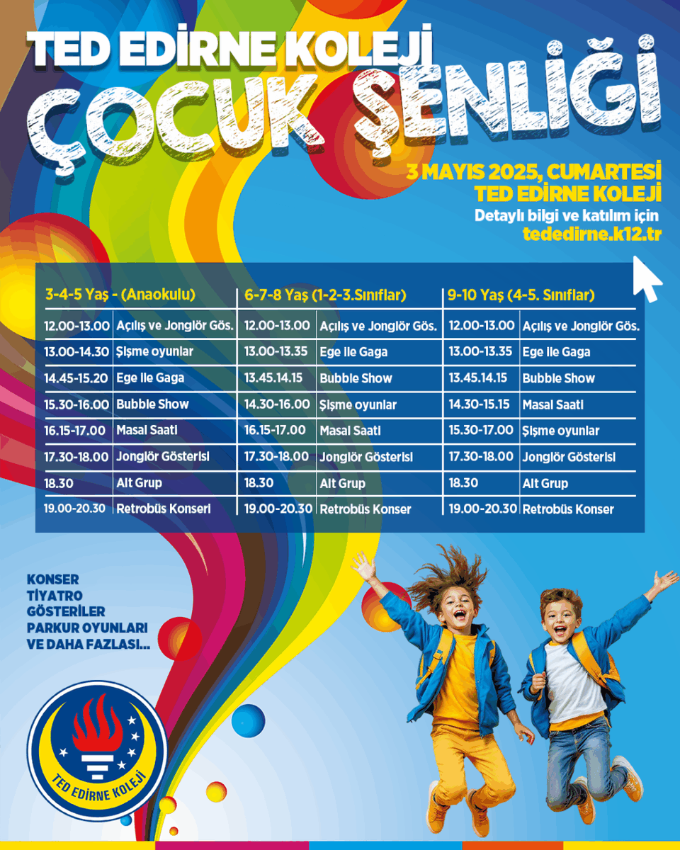 tededirnekoleji's tweet photo. 🎉 #TEDEdirneKoleji #ÇocukŞenliği'nde 3 Mayıs Cumartesi günü dopdolu bir gün bizleri bekliyor! 🌈
Eğlencenin, neşenin ve unutulmaz anıların bir arada olacağı bu şenlikte buluşmak üzere! 💫 https://t.co/3xJRL9VMHz