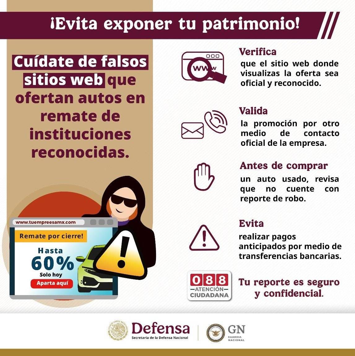 La #GuardiaNacional te comparte las siguientes recomendaciones para prevenir fraudes ante la supuesta venta de autos en línea. Por un #MéxicoContraElCiberfraude