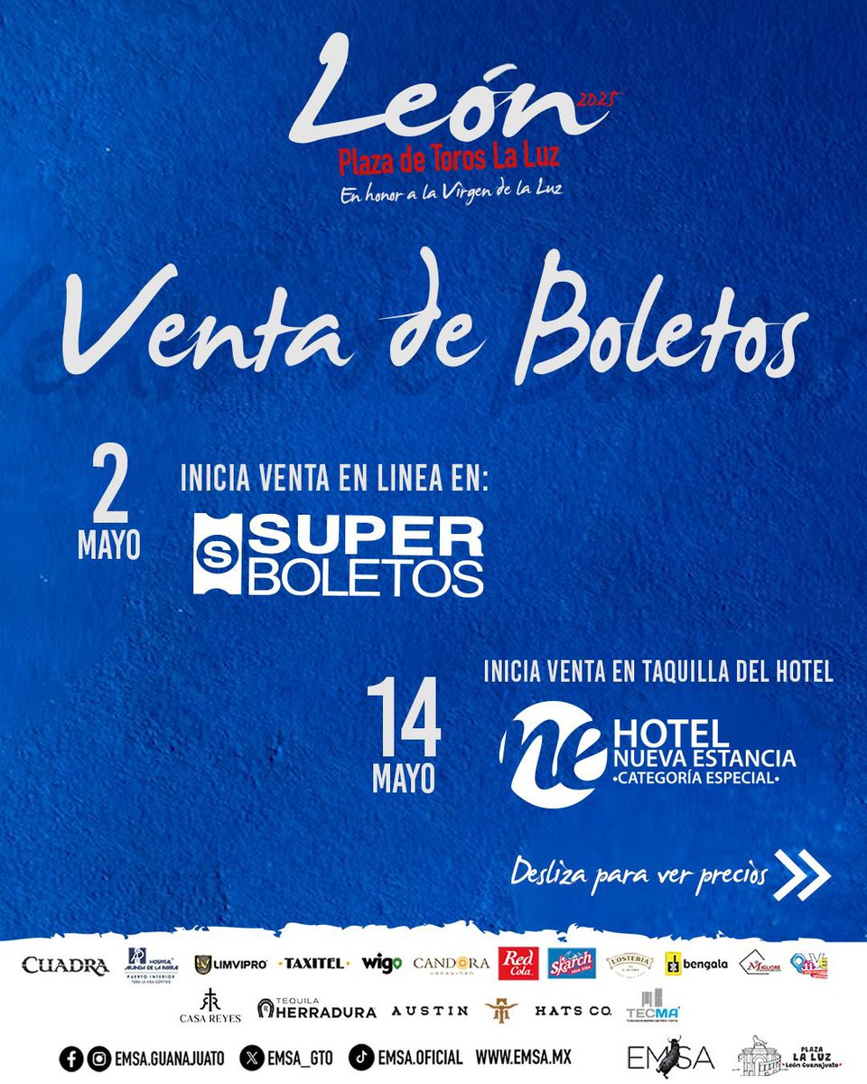 emsa_gto's tweet photo. 🎫 Ya puedes comprar tus boletos en línea para 𝗖𝗢𝗥𝗥𝗜𝗗𝗔 𝗖𝗛𝗔𝗥𝗥𝗢 𝗧𝗔𝗨𝗥𝗜𝗡𝗔!
🙌🏼 Ingresa a superboletos y adquiere tus entradas. https://t.co/i7kx5X806h