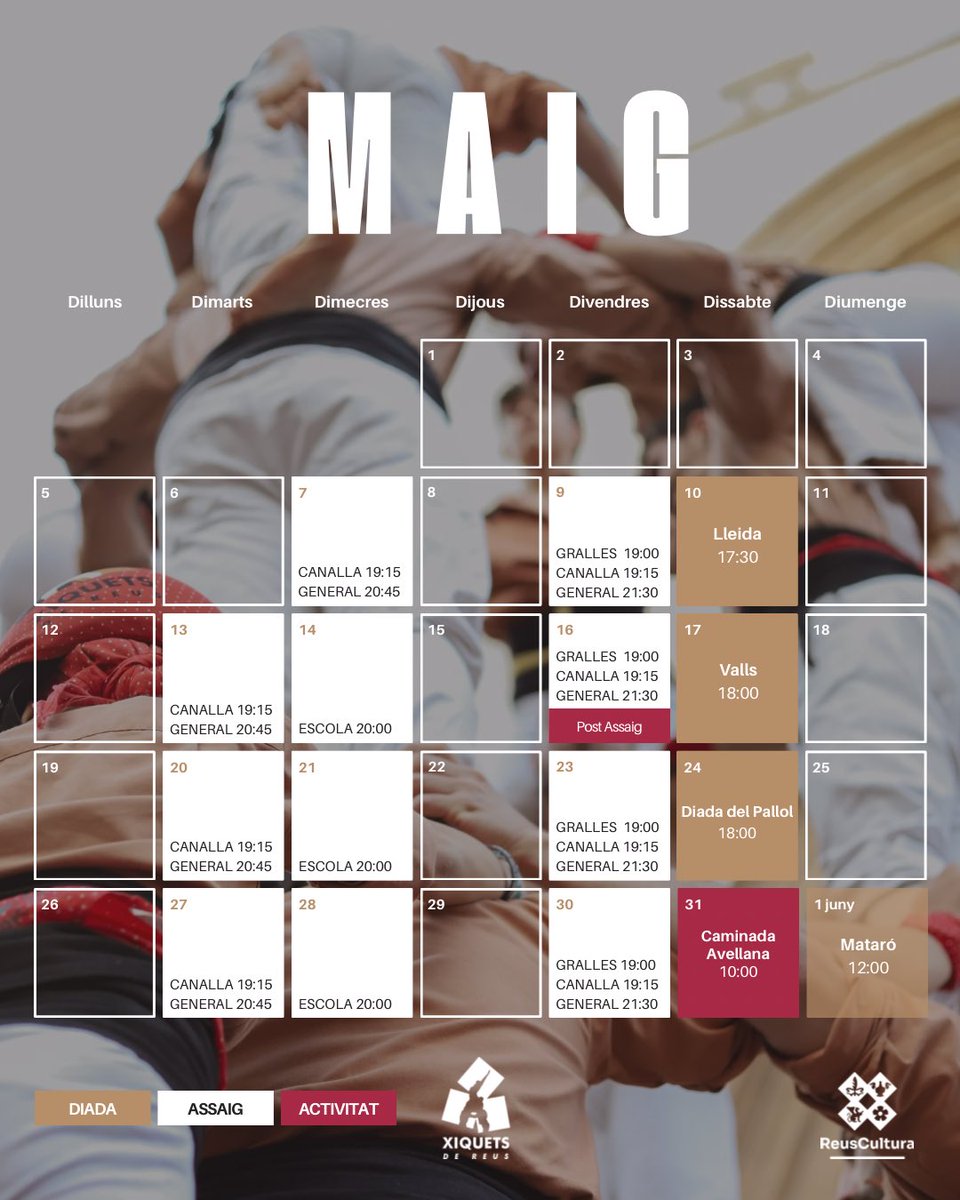 💥 El maig ja és aquí, i amb ell arriben les grans cites!

Hi hem de ser totes i tots per arribar al juny amb la feina feta.

Som-hi!

#xiquetsdereus #reuscultura #castells