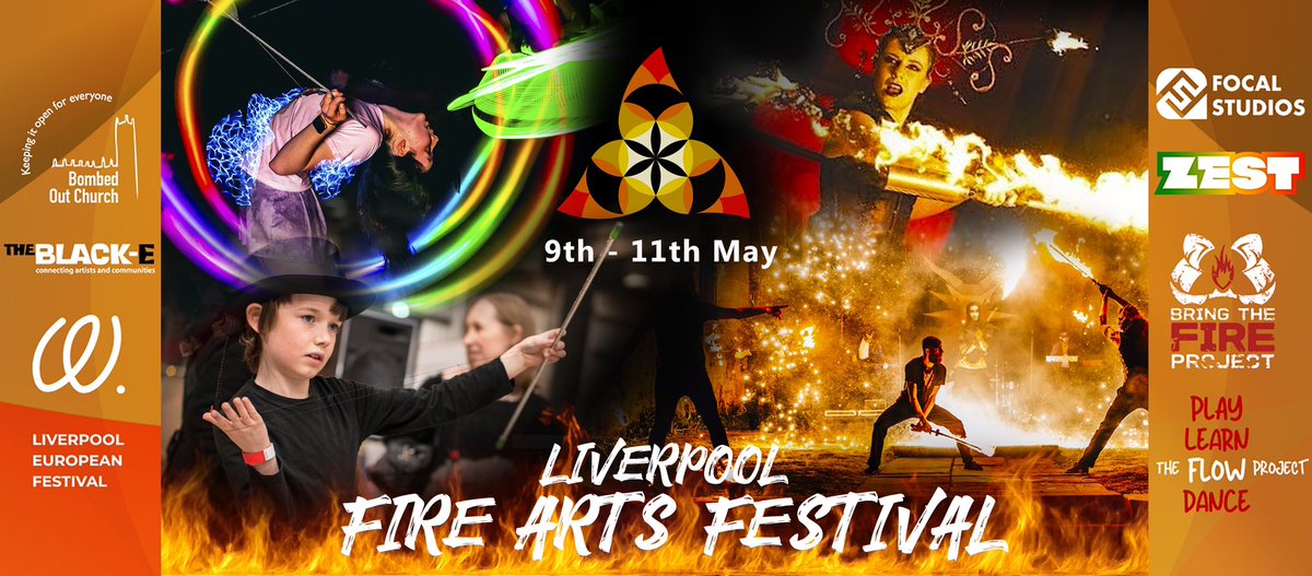 🔥 Liverpool Fire Arts Festival returns 9th–11th May! Circus &amp; workshops across 3 locations.
🎪 Fri: Fire Jam + Open Fire Stage at WiffWaff
🔥 Sat: Fire Gala at Bombed Out Church
🎪 Sun: Circus workshops &amp; competitions at The Black-E
🎟️: £10 - £20: eventbrite.com/cc/liverpool-f…