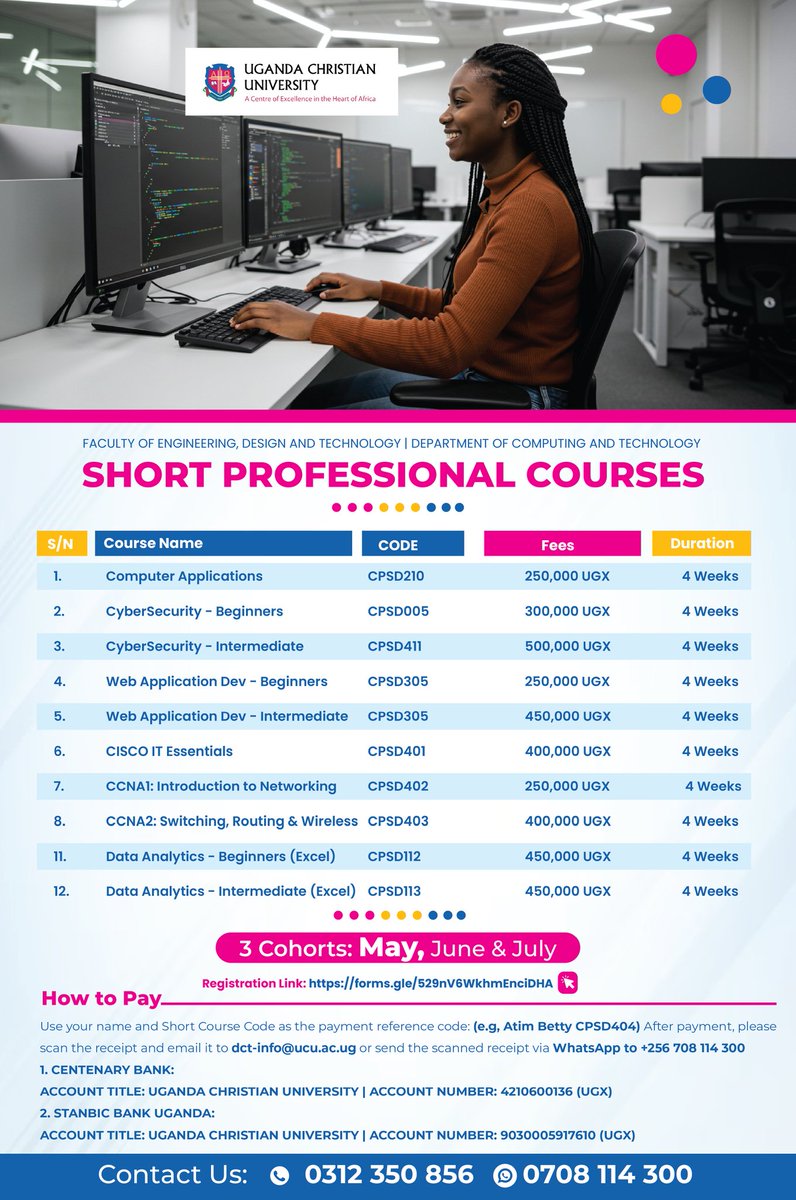 Are you ready to future-proof your career with practical, in-demand tech skills?

The Department of Computing and Technology Uganda Christian University is offering Short Professional Courses designed for students, professionals, and tech enthusiasts who want to level up in