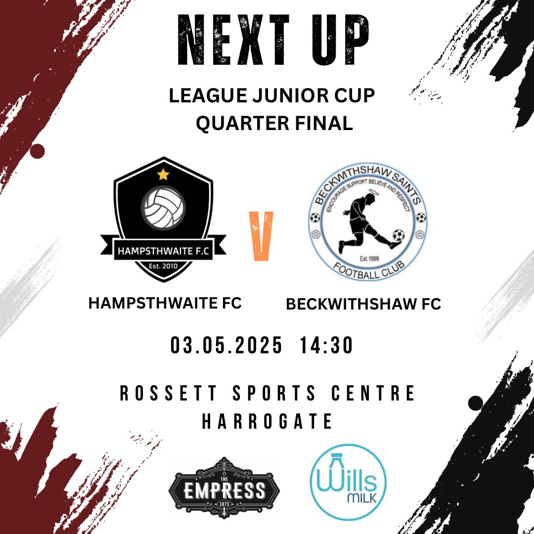 🚨 NEXT UP 🚨 

After cup triumph on Wednesday the lads quickly turn their attention to the York League Cup and face Beckwithshaw Saints tomorrow at home in the Quarter-Final.

All support welcome 🤝

#AHAW #SaturdayFootball