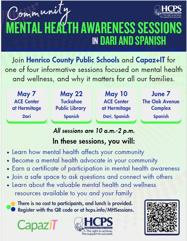 With CapazIT HCPS will offer Community Mental Health Awareness sessions for our Dari &amp; Spanish-speaking populations.  Build knowledge of mental health, reduce stigma, and help families recognize early signs of emotional/behavioral concerns in children. <a href="/QMSGriffins/">Quioccasin Middle School</a> <a href="/QMSPTSO/">Quioccasin Middle School PTSO</a>