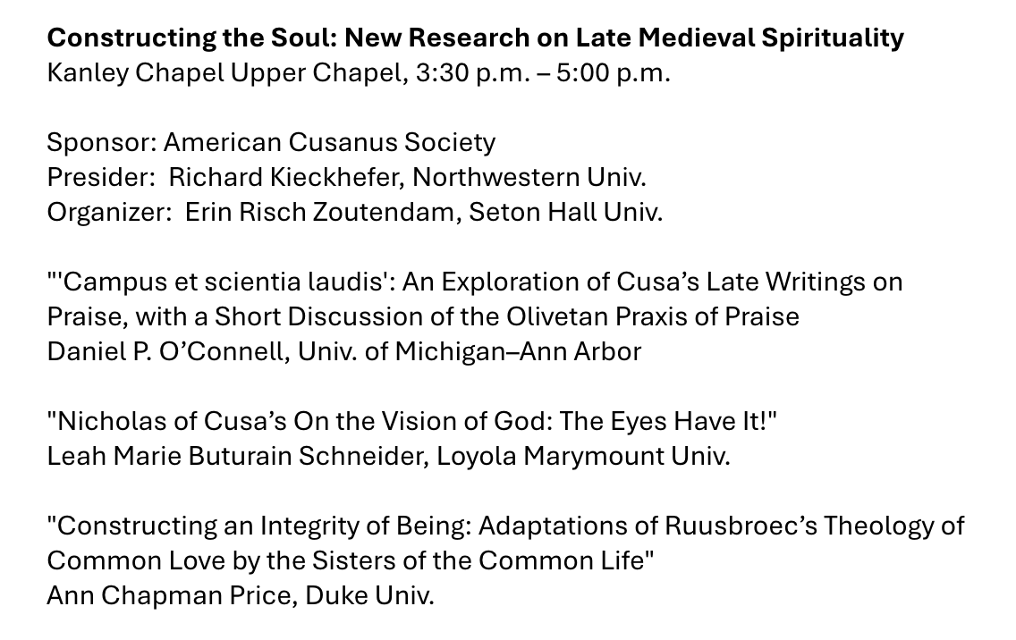 Erin Risch Zoutendam (@erin_zoutendam) on Twitter photo For connoisseurs of learning, ignorance, contradictions, and the soul, here's the lineup of <a href="/CusanusSociety/">American Cusanus Society</a> panels at <a href="/KzooICMS/">International Congress on Medieval Studies</a>. All three panels will be on Friday, May 9th. Come enjoy some Cusan collegiality! For connoisseurs of learning, ignorance, contradictions, and the soul, here's the lineup of <a href="/CusanusSociety/">American Cusanus Society</a> panels at <a href="/KzooICMS/">International Congress on Medieval Studies</a>. All three panels will be on Friday, May 9th. Come enjoy some Cusan collegiality!